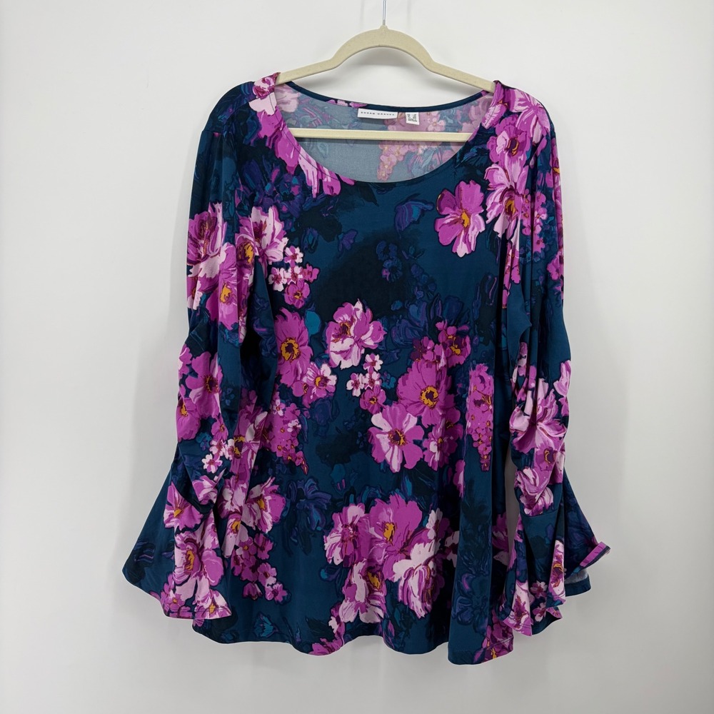Susan Graver Womens 1X Navy Pink Floral Liquid Knit Ruched Bell Sleeve Top